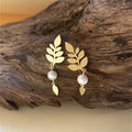 Copper Leaf Earrings with Imitation Pearls