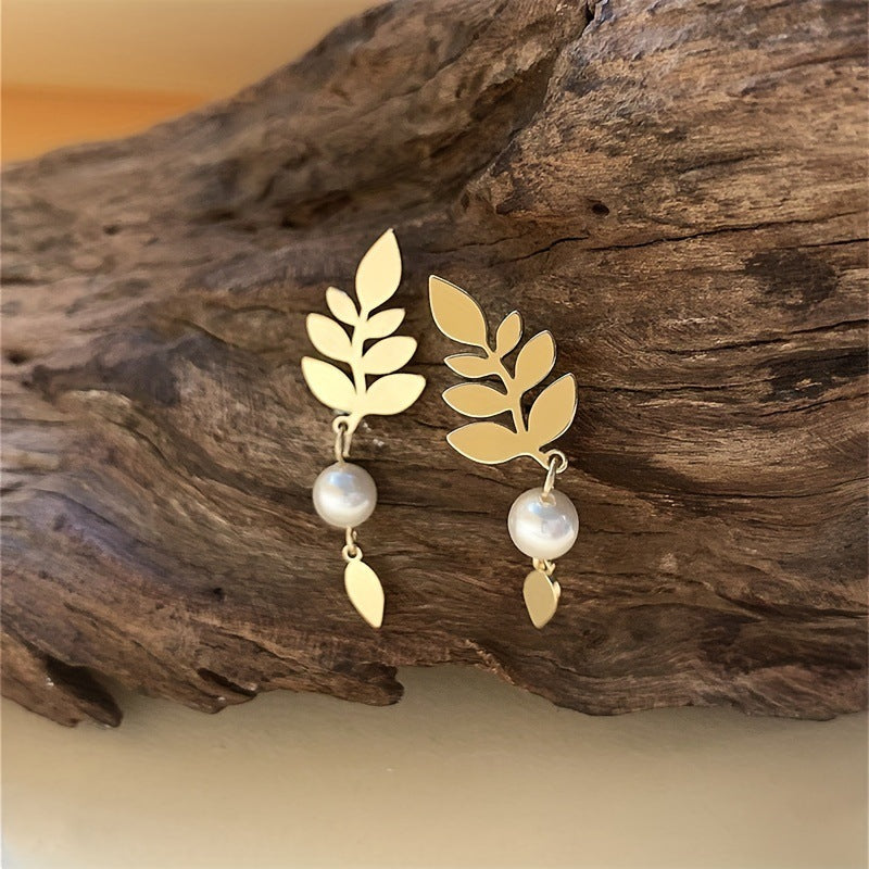 Copper Leaf Earrings with Imitation Pearls