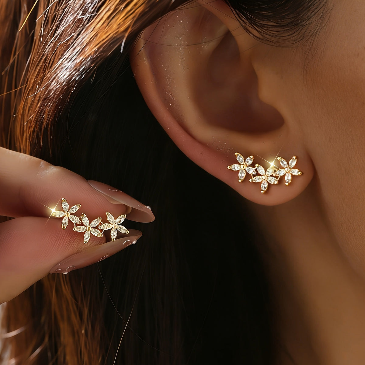 Flower Earrings with Zircon Inlay