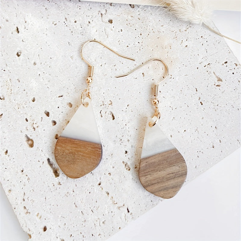 Bohemian Retro Solid Wood Cream Resin Drop Earrings