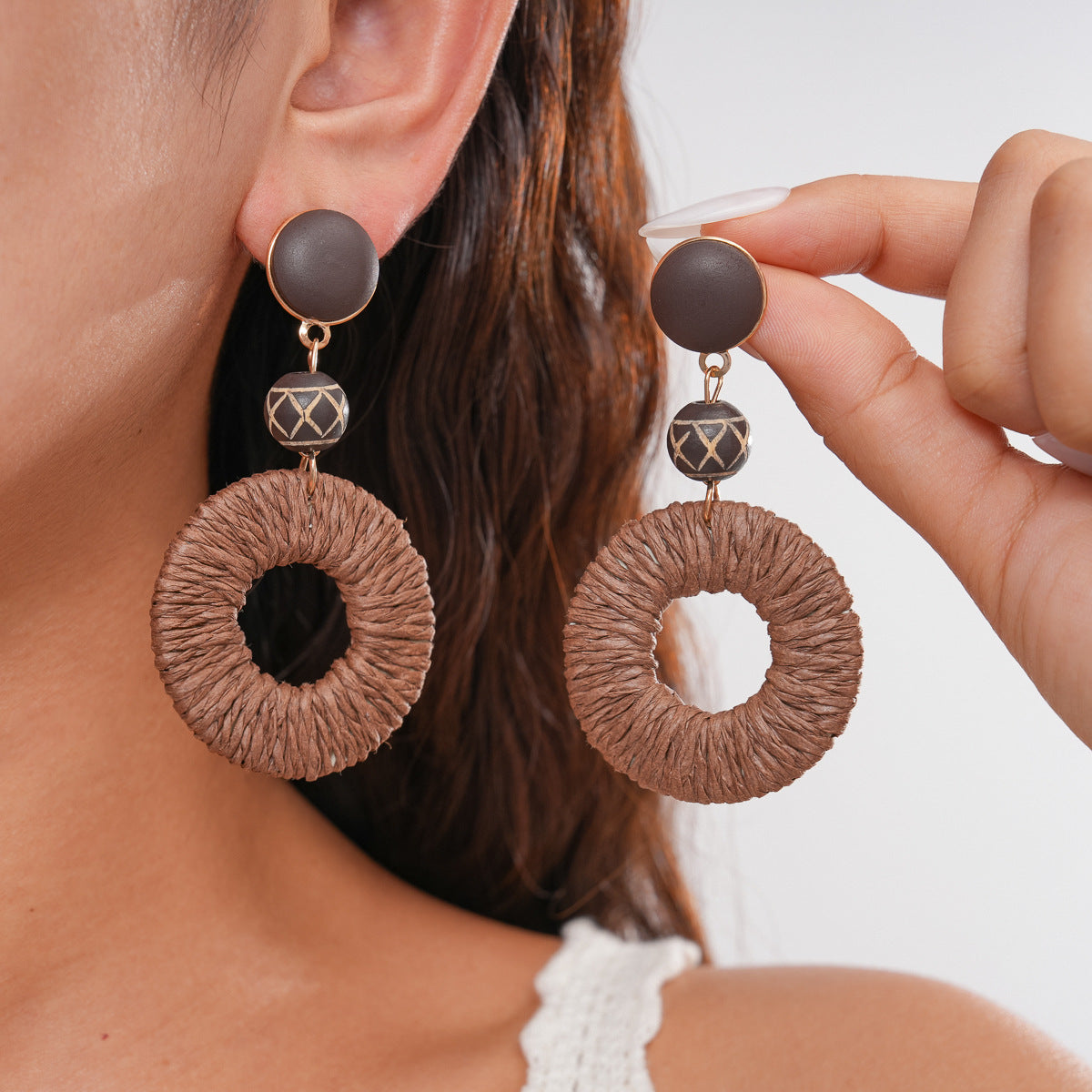 Vintage Resin and Wood Raffia Woven Edging Round Earrings
