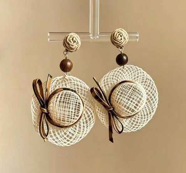 Leather Bow Woven Straw Hat Earrings