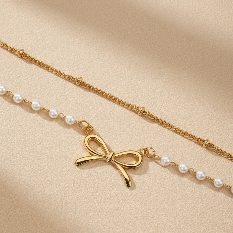 Adjustable Double-layer Bow Knot Artificial Pearl Anklet