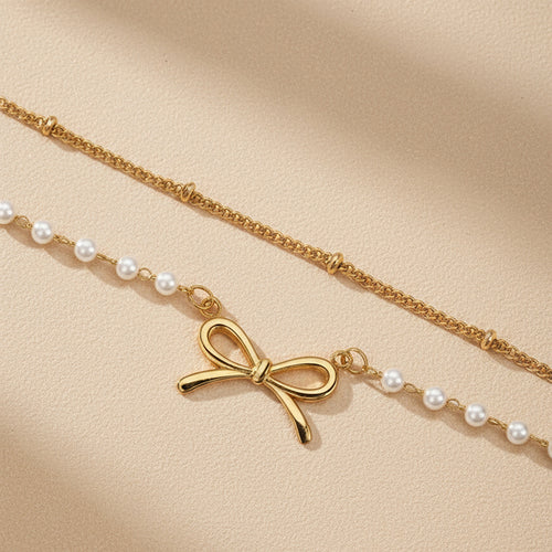 Adjustable Double-layer Bow Knot Artificial Pearl Anklet