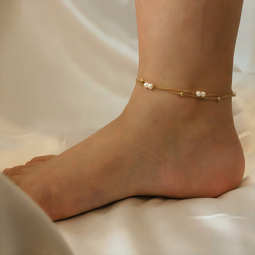 Double-Layer Beaded Multi-Strand Anklet with Pearls