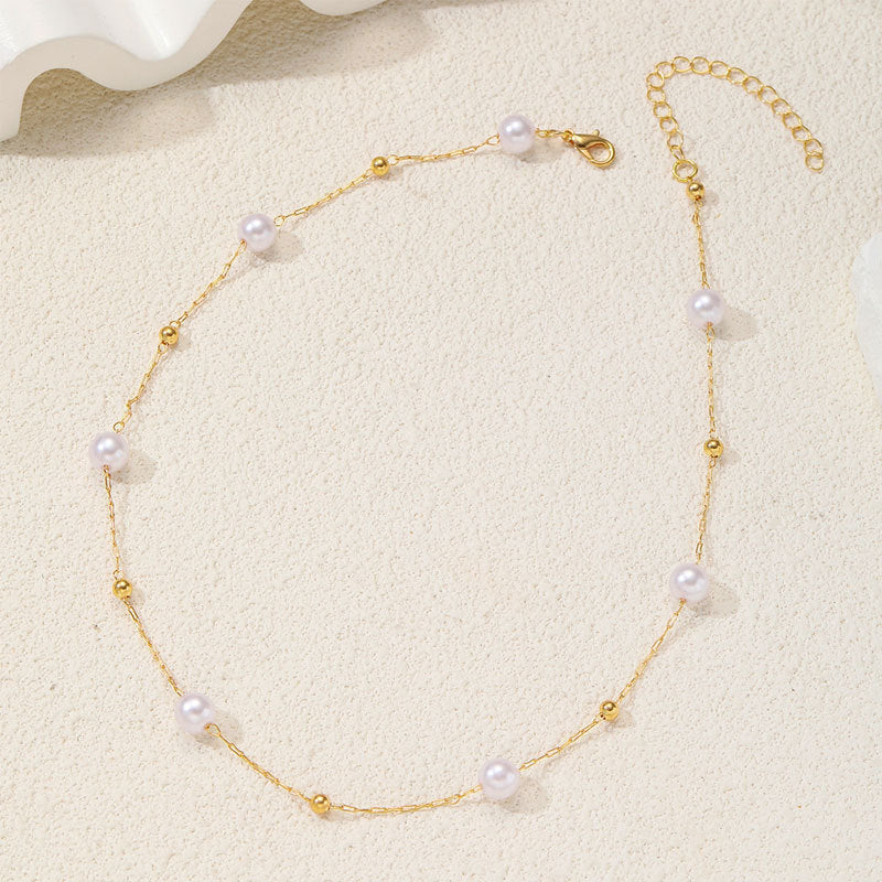 Simple Thin Chain Clavicle Chain With Metal Beads and Pearls