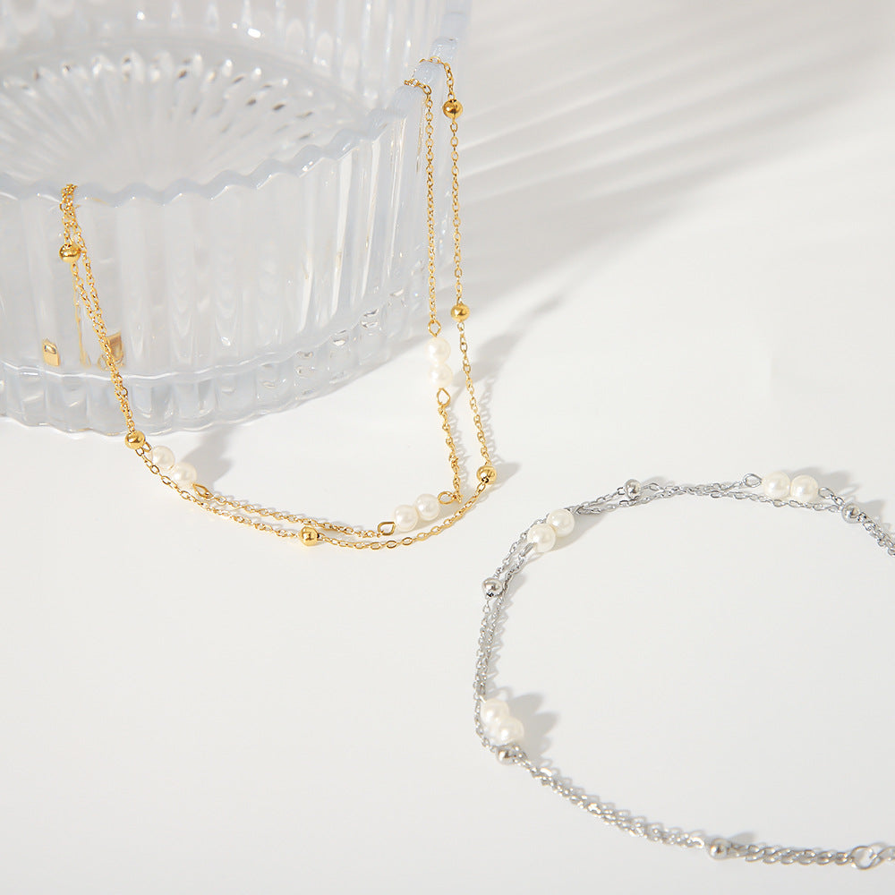 Double-Layer Beaded Multi-Strand Anklet with Pearls