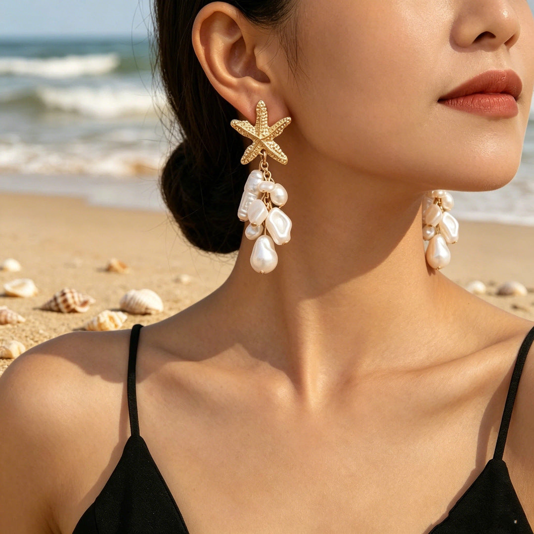 Snail and Starfish Pearl Dangle Earrings