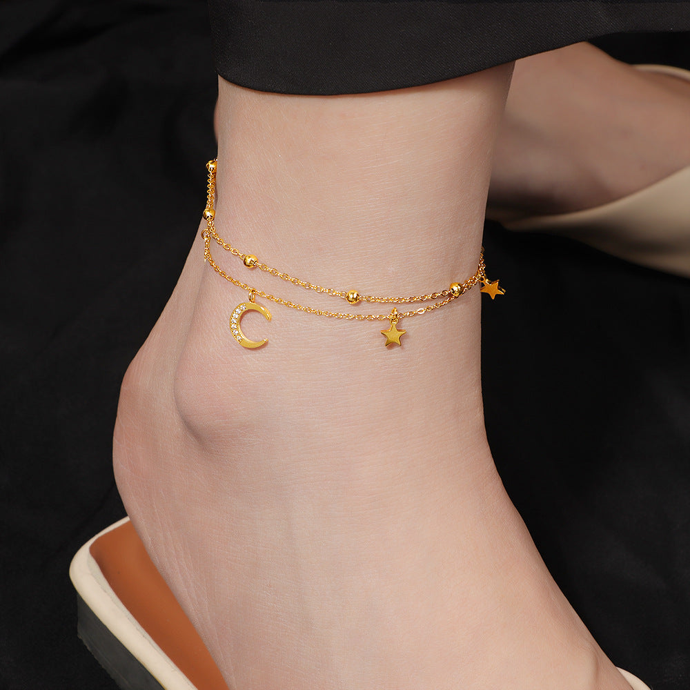 Double-layer Star and Moon Anklet with Zircon Inlay