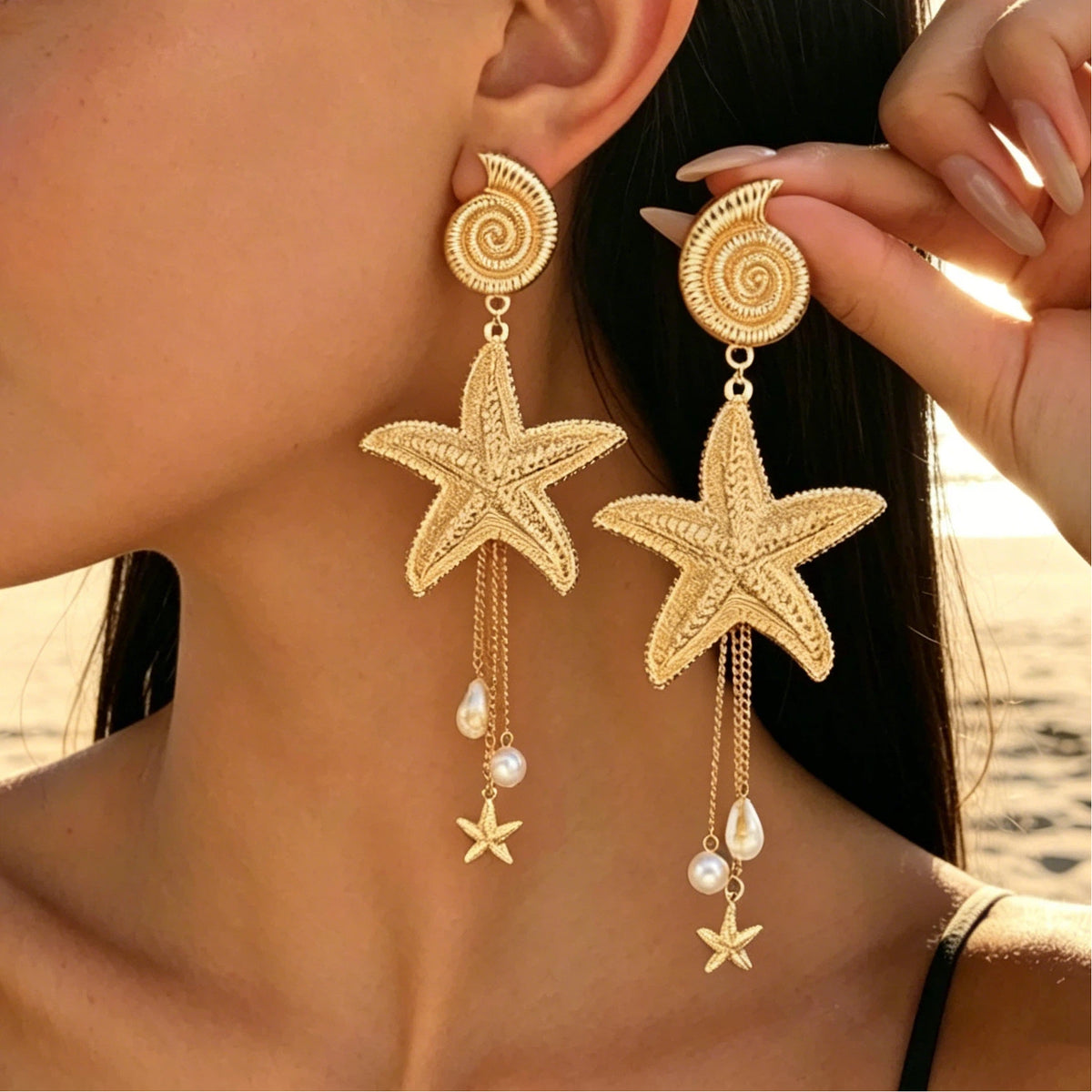 Snail and Starfish Pearl Dangle Earrings