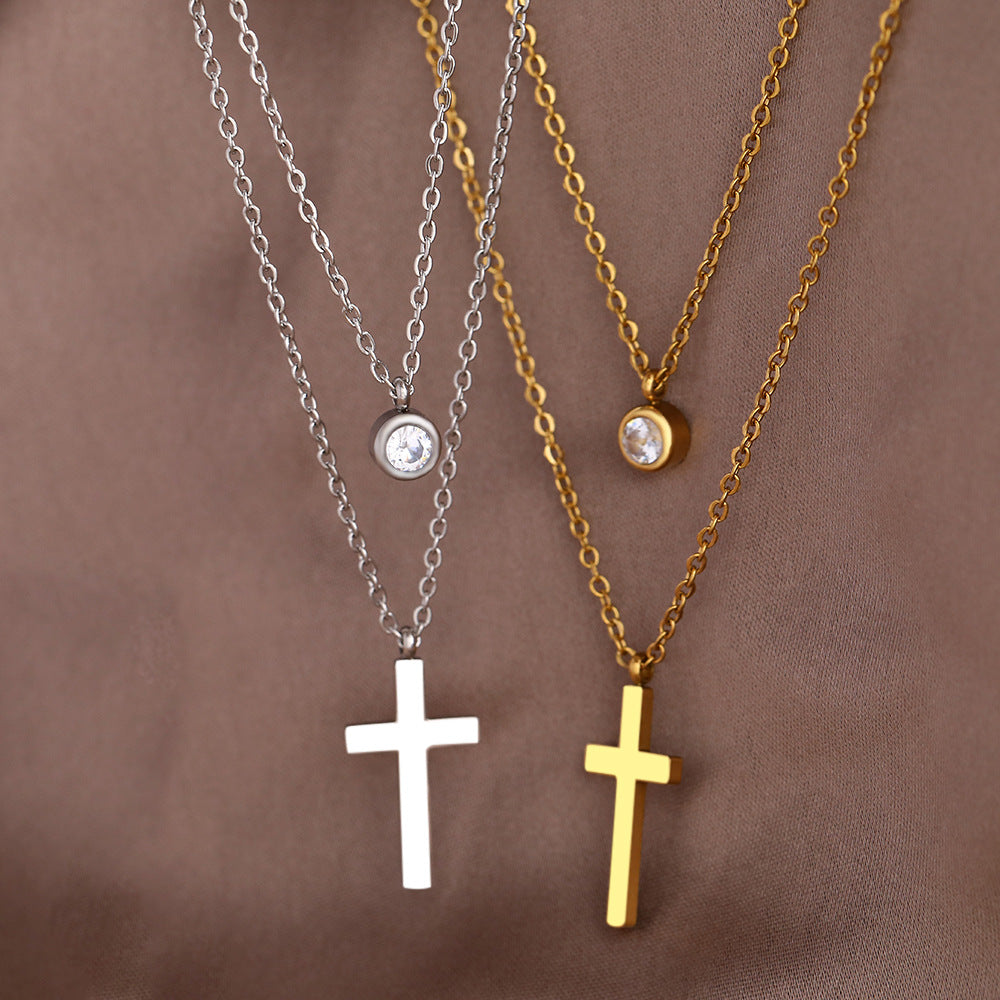 Zircon Cross Double-Chain Necklace