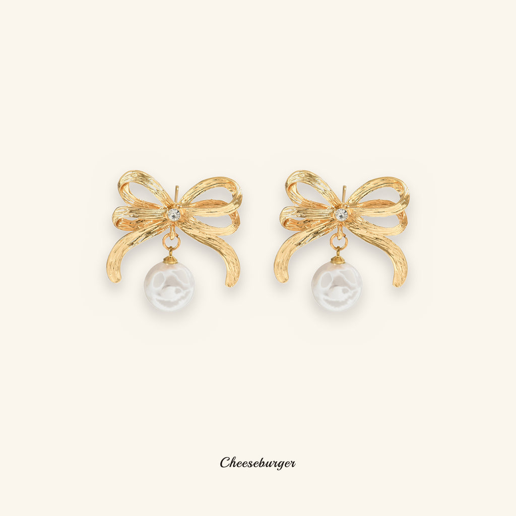 Bowknot Earrings with Inlaid Pearl