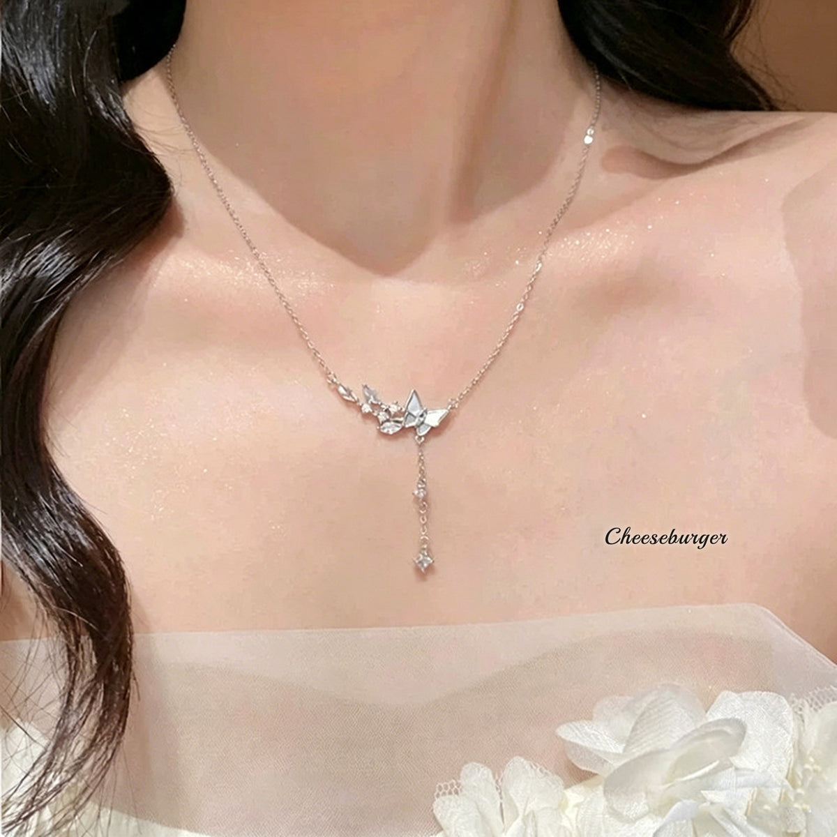 Silver Butterfly Necklace with Tassel & White Shell