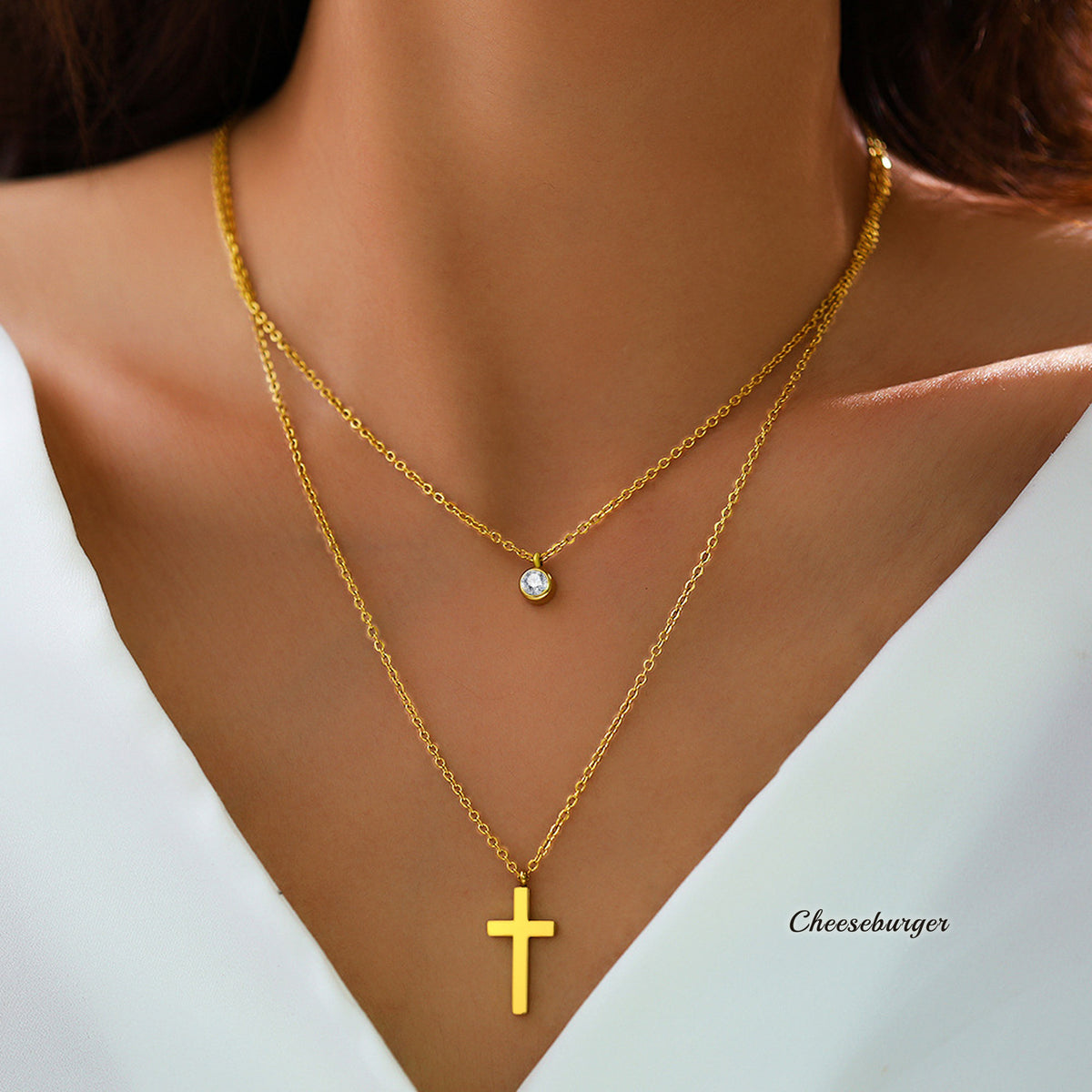 Zircon Cross Double-Chain Necklace