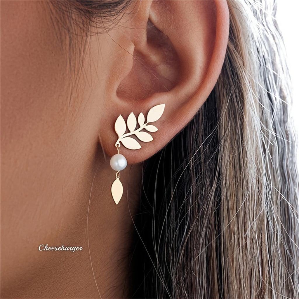 Copper Leaf Earrings with Imitation Pearls