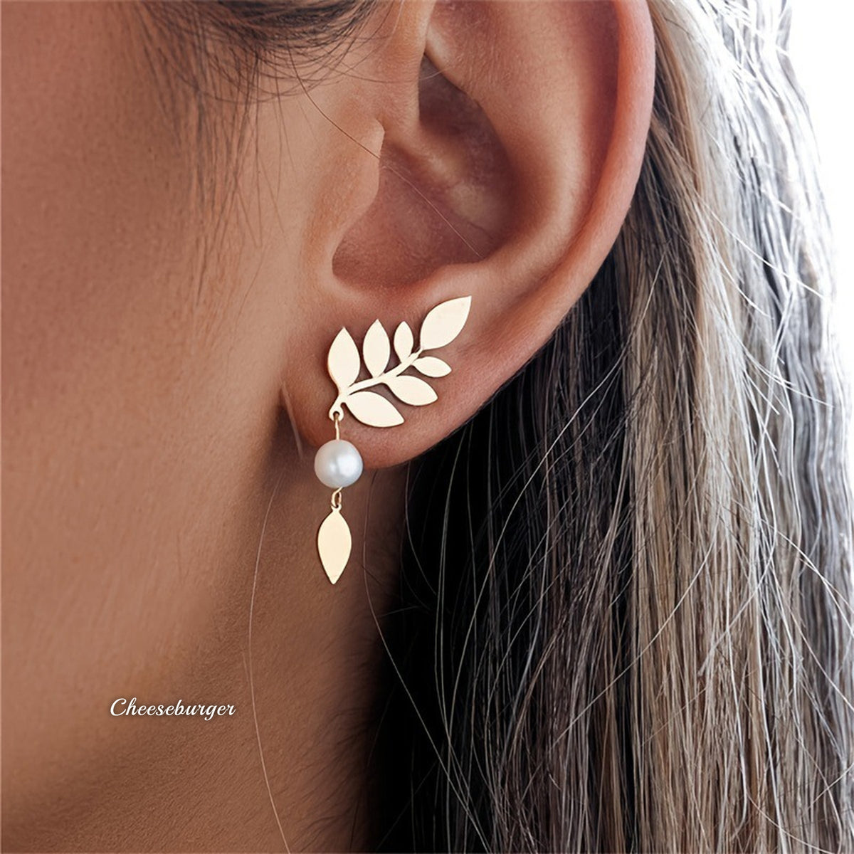 Copper Leaf Earrings with Imitation Pearls