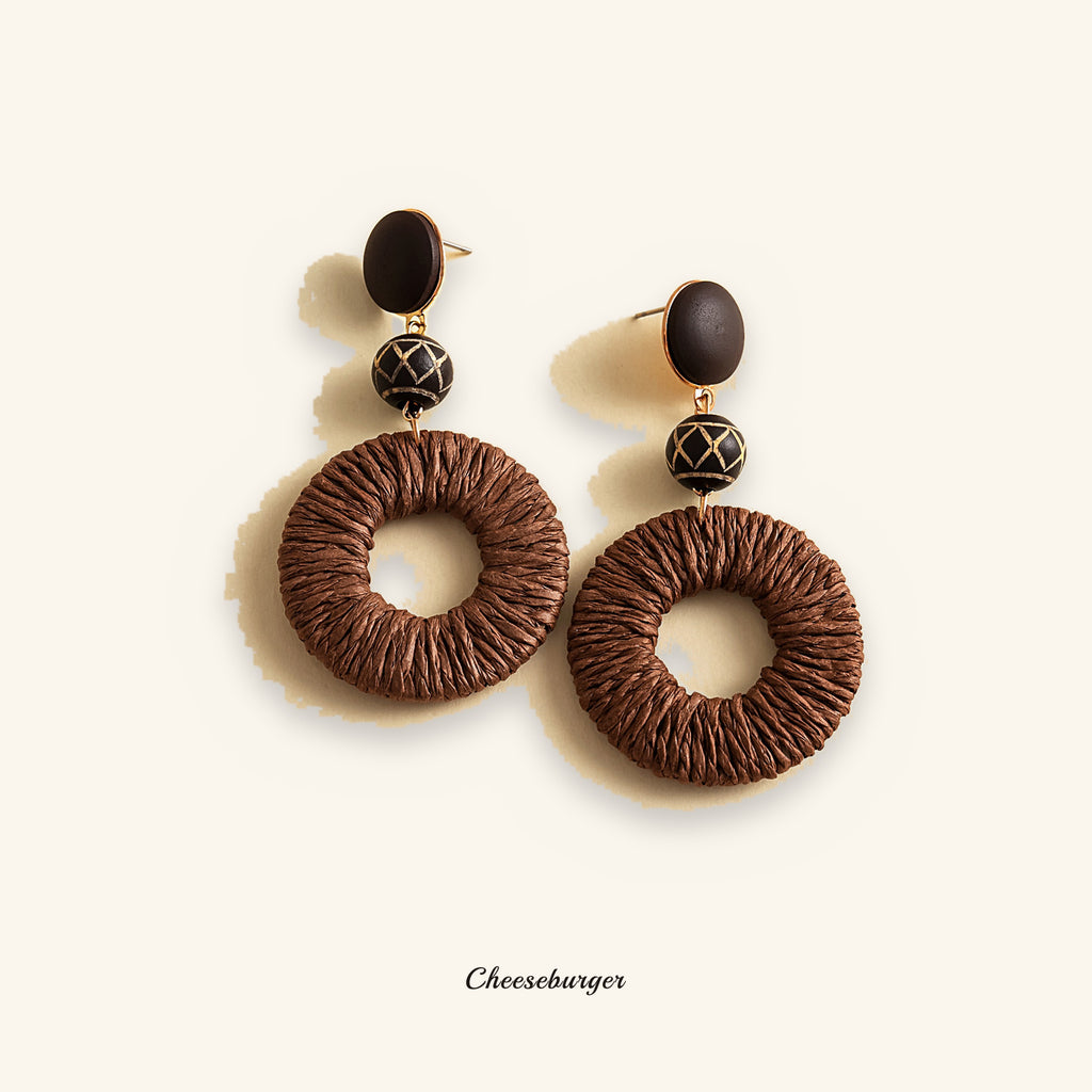 Vintage Resin and Wood Raffia Woven Edging Round Earrings