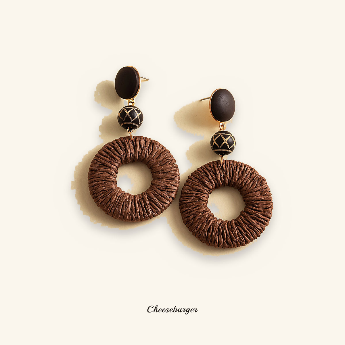 Vintage Resin and Wood Raffia Woven Edging Round Earrings