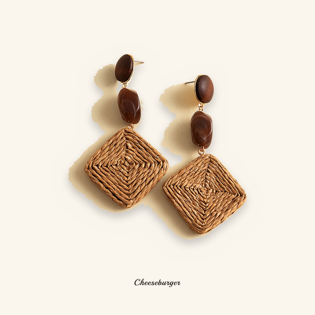 Vintage Wooden Acrylic Raffia Earrings