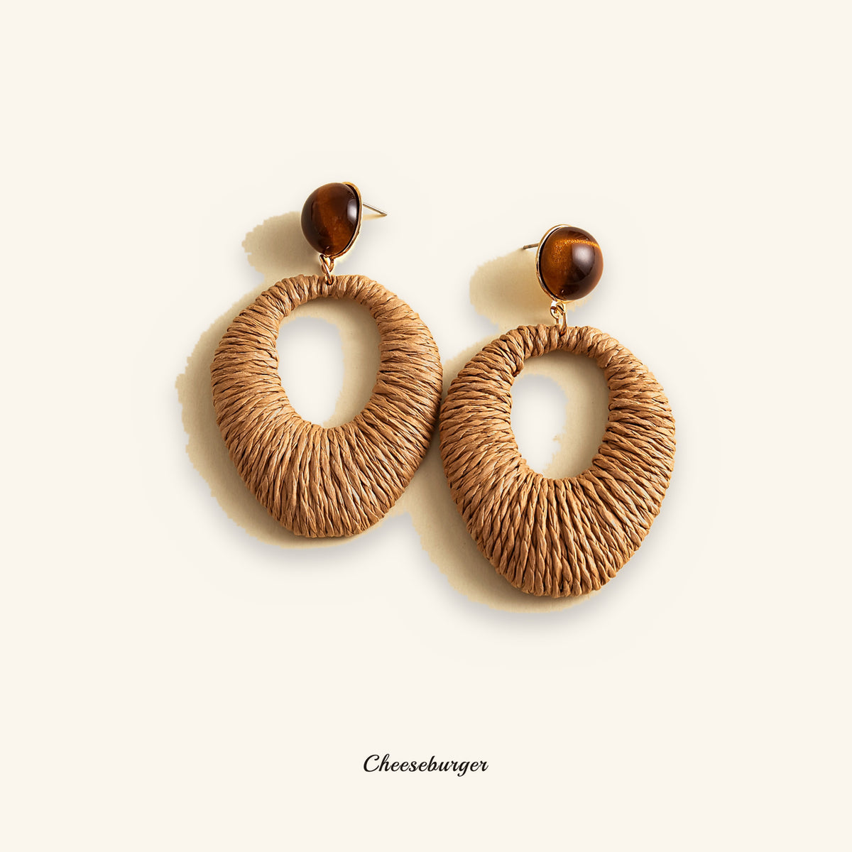 Vintage Resin and Wood Raffia Woven Edging Round Earrings