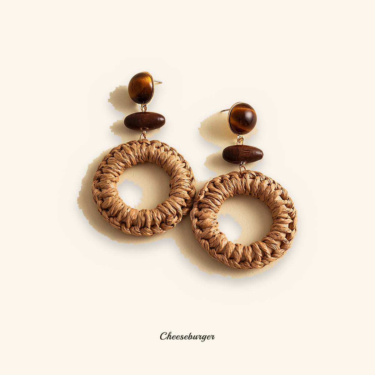 Vintage Resin and Wood Raffia Woven Edging Round Earrings