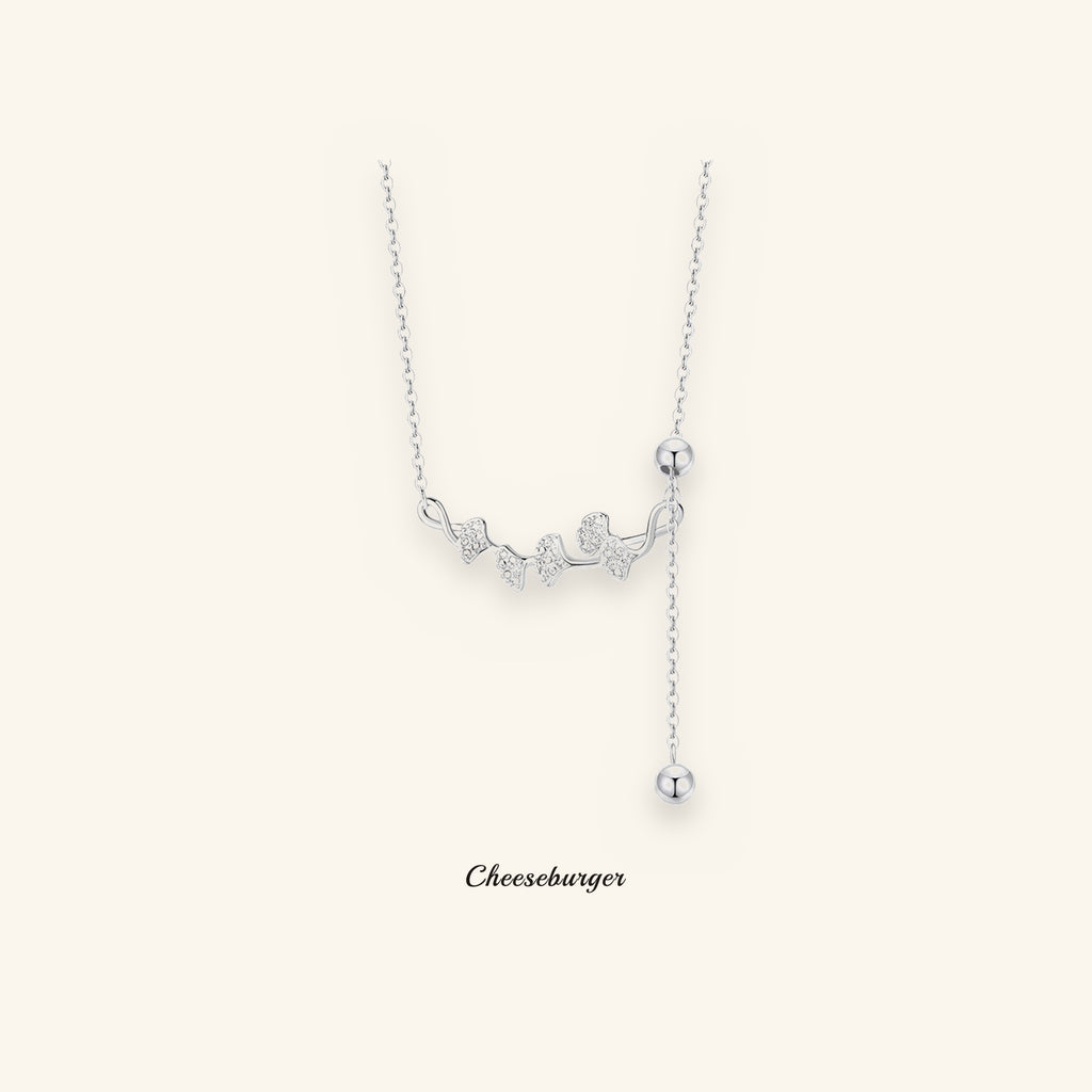 Silver Zircon Ginkgo Leaf Adjustable Tassel Necklace