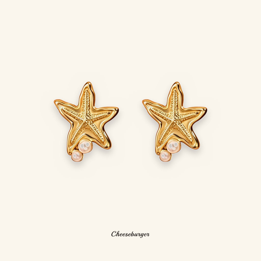 Starfish Stud Earrings with Pearl Inlay